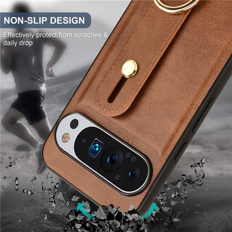 For Google Pixel 9 Pro XL Case Wristband Kickstand Leather+PC+TPU Phone Cover Bottle Opener - Brown