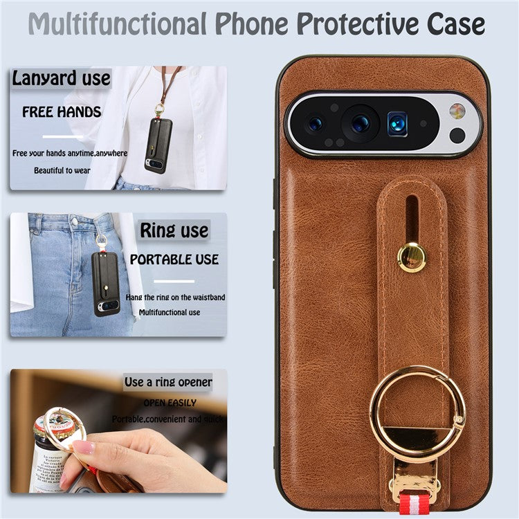 For Google Pixel 9 Pro XL Case Wristband Kickstand Leather+PC+TPU Phone Cover Bottle Opener - Brown