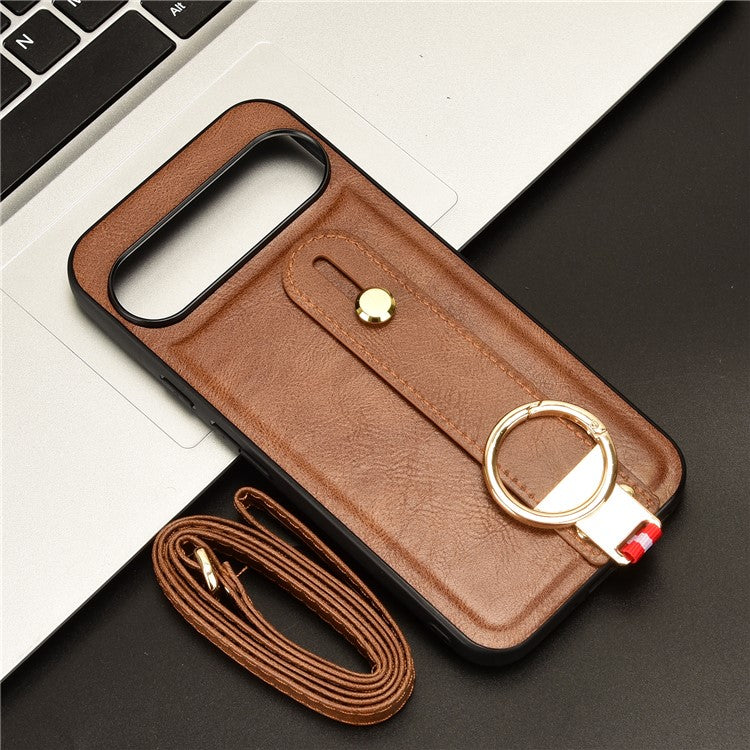 For Google Pixel 9 Pro XL Case Wristband Kickstand Leather+PC+TPU Phone Cover Bottle Opener - Brown