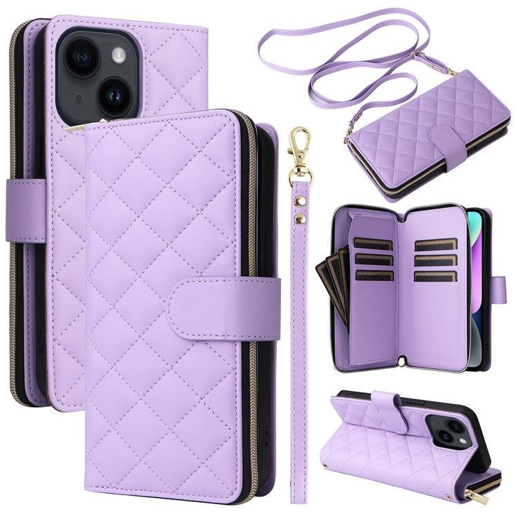 For-iPhone-14-/-13-Case-Rhombus-Zipper-Leather-Stand-Wallet-Phone-Cover-with-2-Straps---Purple