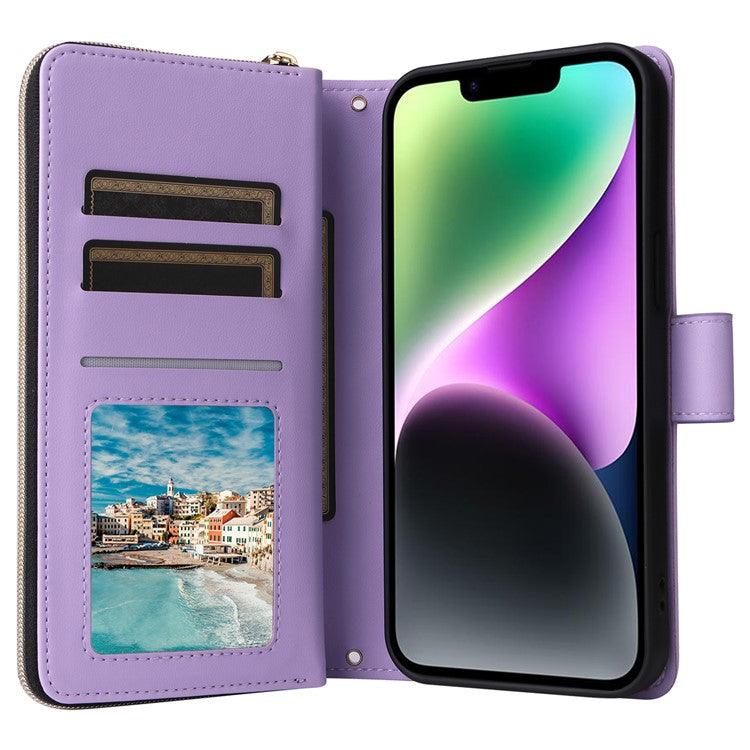 For-iPhone-14-/-13-Case-Rhombus-Zipper-Leather-Stand-Wallet-Phone-Cover-with-2-Straps---Purple