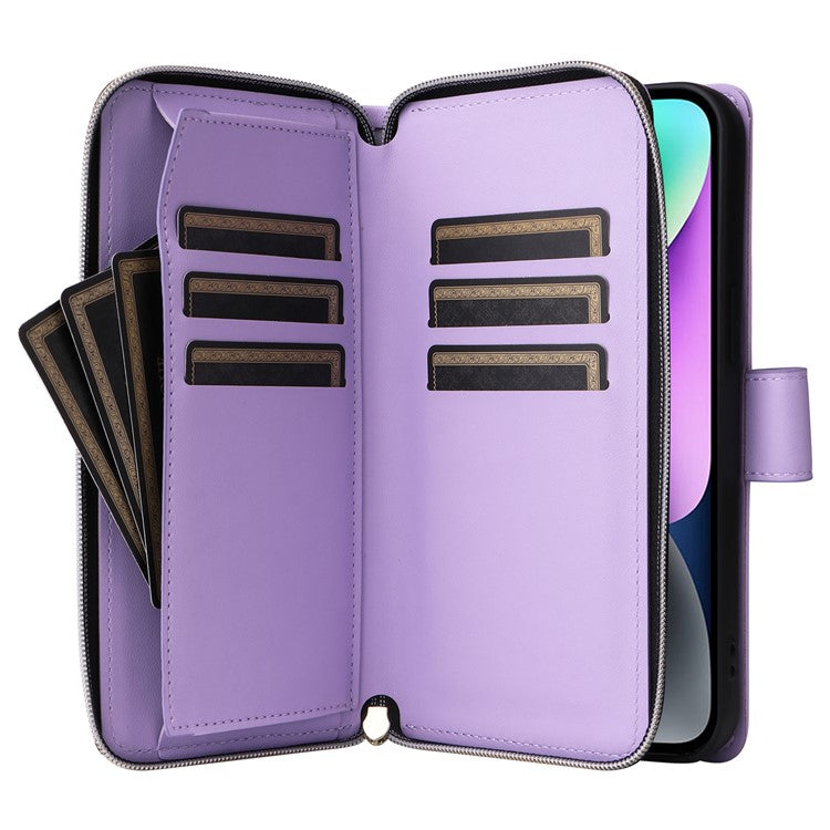 For-iPhone-14-/-13-Case-Rhombus-Zipper-Leather-Stand-Wallet-Phone-Cover-with-2-Straps---Purple