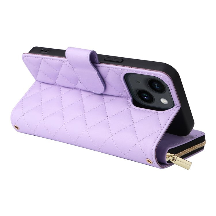 For-iPhone-14-/-13-Case-Rhombus-Zipper-Leather-Stand-Wallet-Phone-Cover-with-2-Straps---Purple