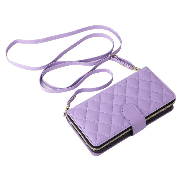 For-iPhone-14-/-13-Case-Rhombus-Zipper-Leather-Stand-Wallet-Phone-Cover-with-2-Straps---Purple