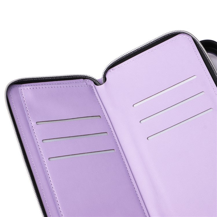 For-iPhone-14-/-13-Case-Rhombus-Zipper-Leather-Stand-Wallet-Phone-Cover-with-2-Straps---Purple