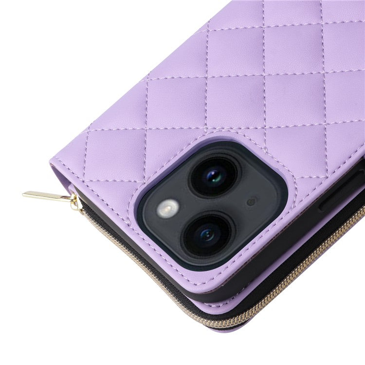 For-iPhone-14-/-13-Case-Rhombus-Zipper-Leather-Stand-Wallet-Phone-Cover-with-2-Straps---Purple