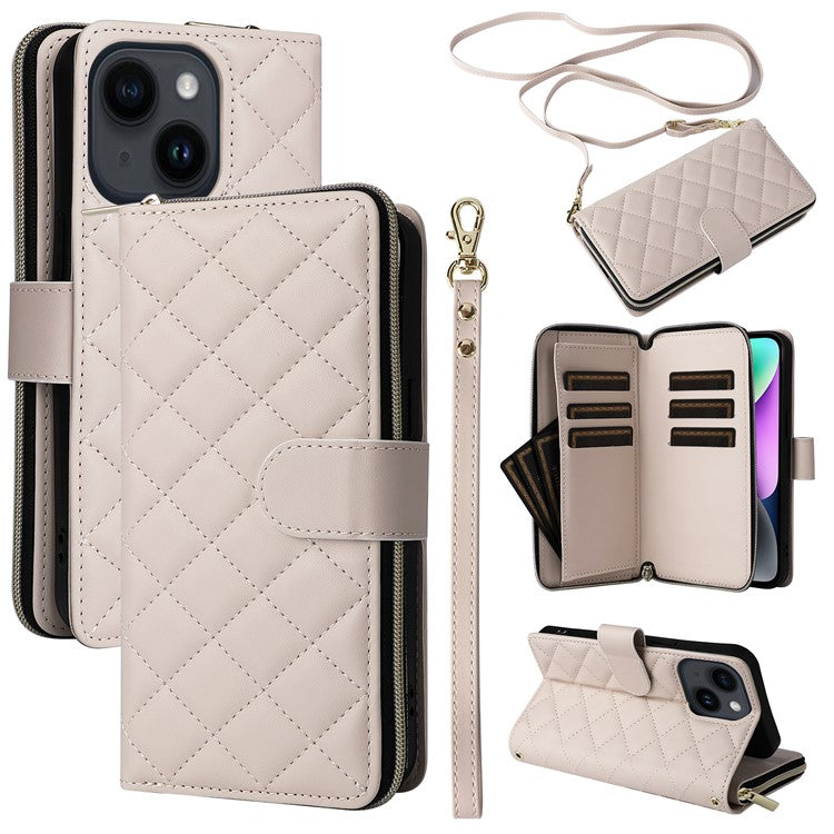 For-iPhone-14-/-13-Case-Rhombus-Zipper-Leather-Stand-Wallet-Phone-Cover-with-2-Straps---Beige