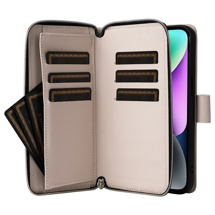 For-iPhone-14-/-13-Case-Rhombus-Zipper-Leather-Stand-Wallet-Phone-Cover-with-2-Straps---Beige