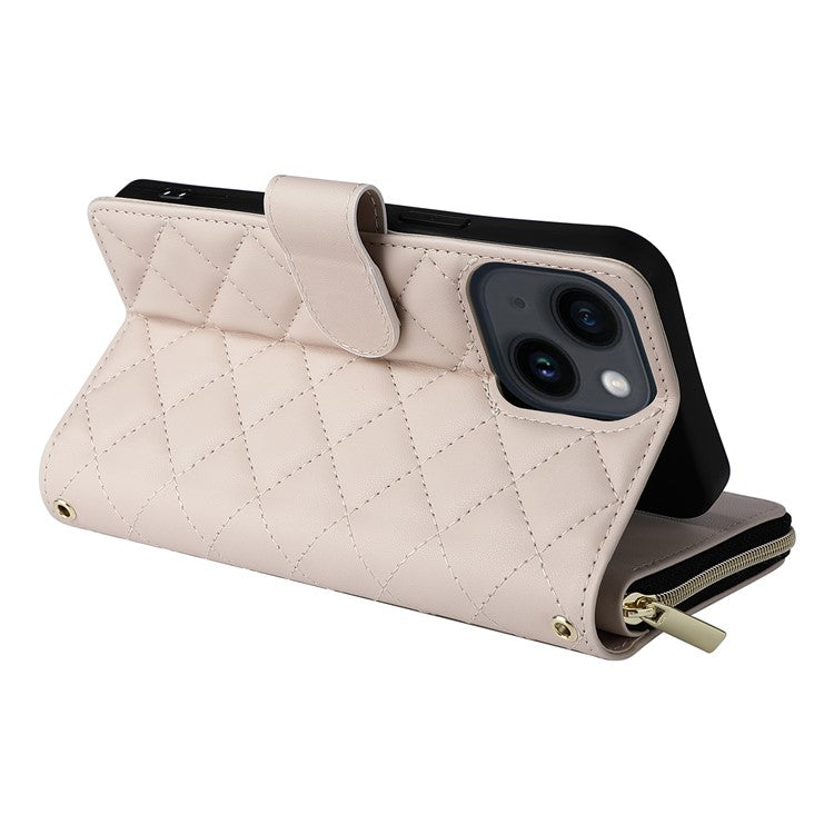 For-iPhone-14-/-13-Case-Rhombus-Zipper-Leather-Stand-Wallet-Phone-Cover-with-2-Straps---Beige