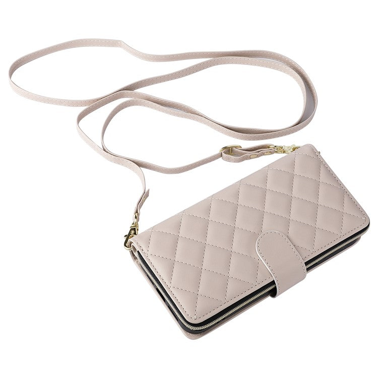 For-iPhone-14-/-13-Case-Rhombus-Zipper-Leather-Stand-Wallet-Phone-Cover-with-2-Straps---Beige