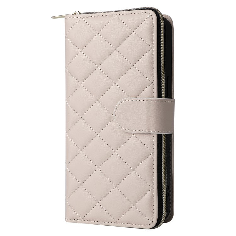 For-iPhone-14-/-13-Case-Rhombus-Zipper-Leather-Stand-Wallet-Phone-Cover-with-2-Straps---Beige