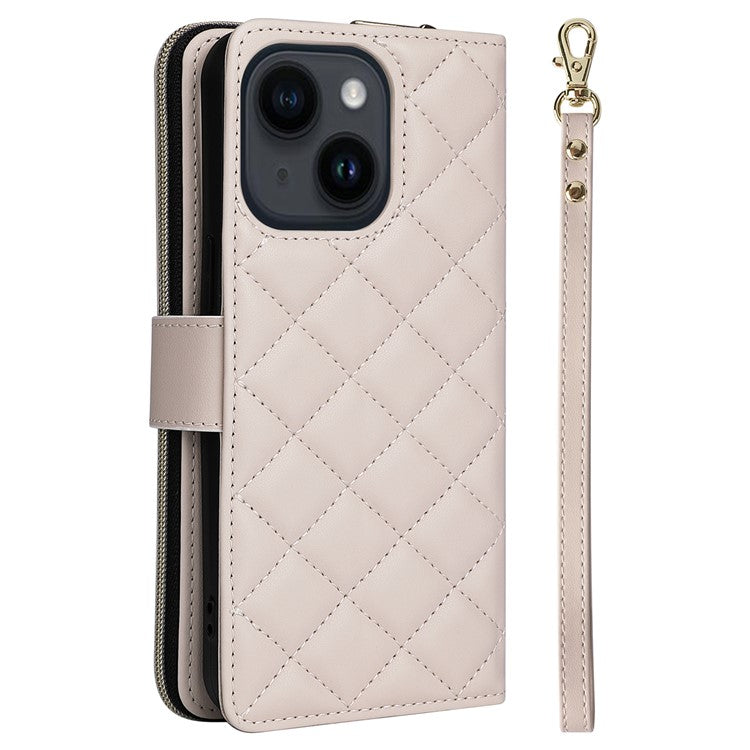 For-iPhone-14-/-13-Case-Rhombus-Zipper-Leather-Stand-Wallet-Phone-Cover-with-2-Straps---Beige