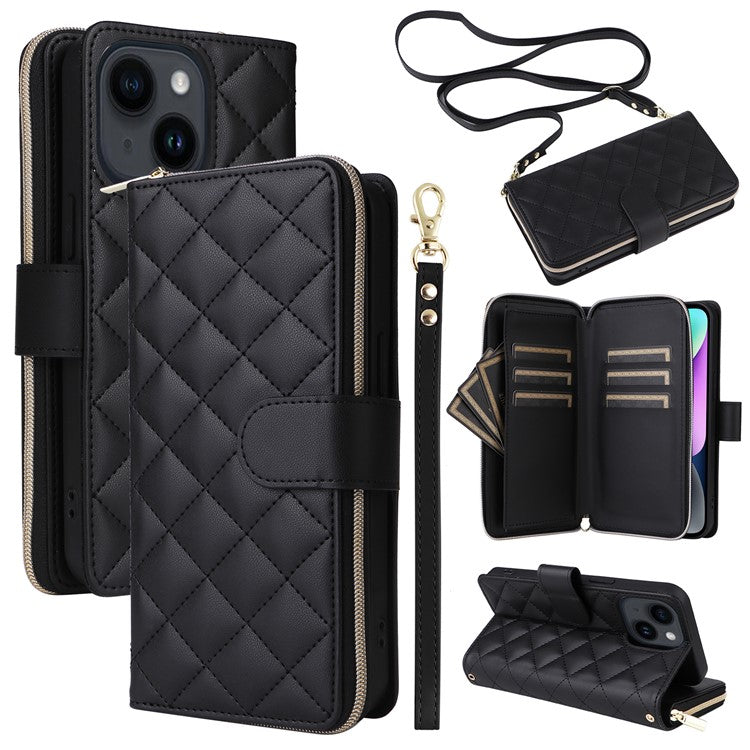 For-iPhone-14-/-13-Case-Rhombus-Zipper-Leather-Stand-Wallet-Phone-Cover-with-2-Straps---Black