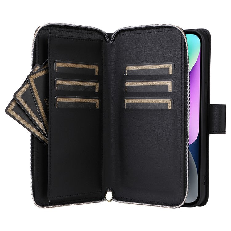 For-iPhone-14-/-13-Case-Rhombus-Zipper-Leather-Stand-Wallet-Phone-Cover-with-2-Straps---Black