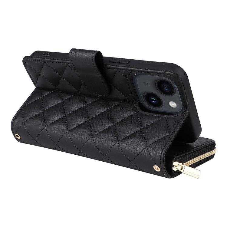 For-iPhone-14-/-13-Case-Rhombus-Zipper-Leather-Stand-Wallet-Phone-Cover-with-2-Straps---Black