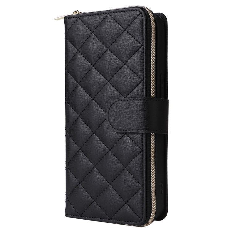 For-iPhone-14-/-13-Case-Rhombus-Zipper-Leather-Stand-Wallet-Phone-Cover-with-2-Straps---Black