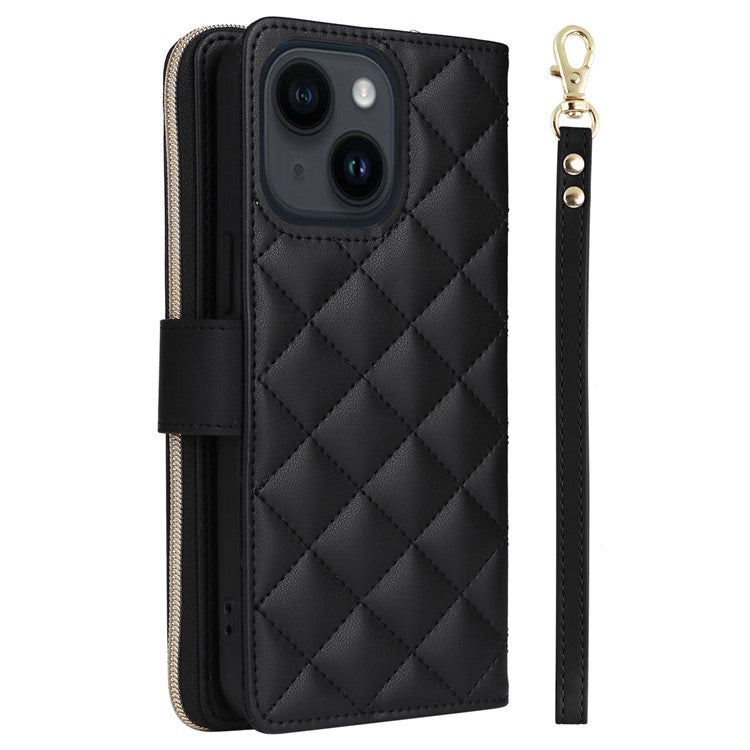 For-iPhone-14-/-13-Case-Rhombus-Zipper-Leather-Stand-Wallet-Phone-Cover-with-2-Straps---Black