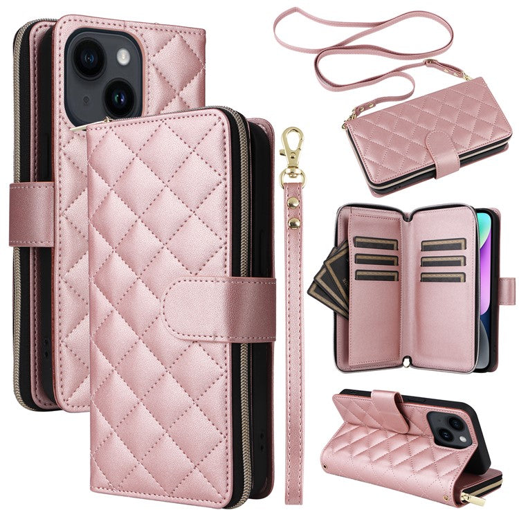 For-iPhone-14-/-13-Case-Rhombus-Zipper-Leather-Stand-Wallet-Phone-Cover-with-2-Straps---Rose-Gold