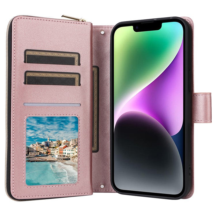 For-iPhone-14-/-13-Case-Rhombus-Zipper-Leather-Stand-Wallet-Phone-Cover-with-2-Straps---Rose-Gold