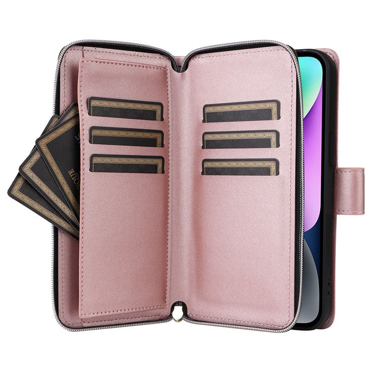 For-iPhone-14-/-13-Case-Rhombus-Zipper-Leather-Stand-Wallet-Phone-Cover-with-2-Straps---Rose-Gold