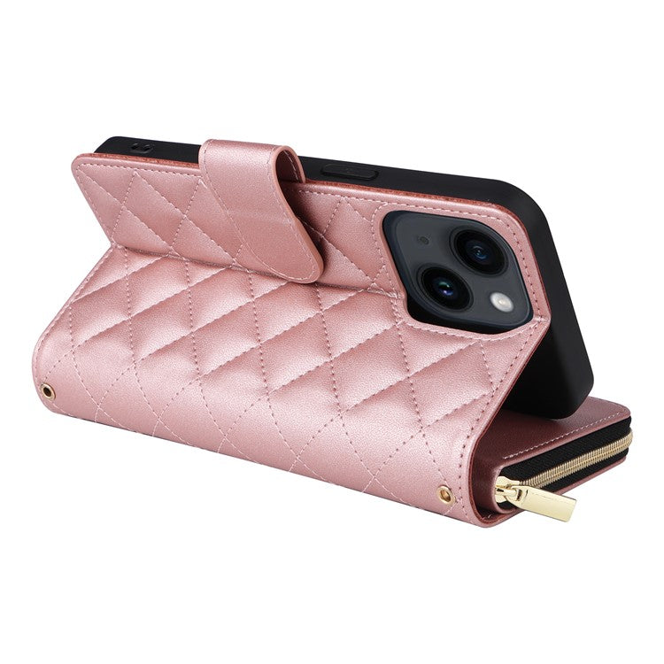 For-iPhone-14-/-13-Case-Rhombus-Zipper-Leather-Stand-Wallet-Phone-Cover-with-2-Straps---Rose-Gold