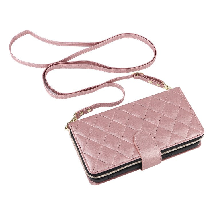 For-iPhone-14-/-13-Case-Rhombus-Zipper-Leather-Stand-Wallet-Phone-Cover-with-2-Straps---Rose-Gold