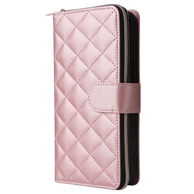 For-iPhone-14-/-13-Case-Rhombus-Zipper-Leather-Stand-Wallet-Phone-Cover-with-2-Straps---Rose-Gold