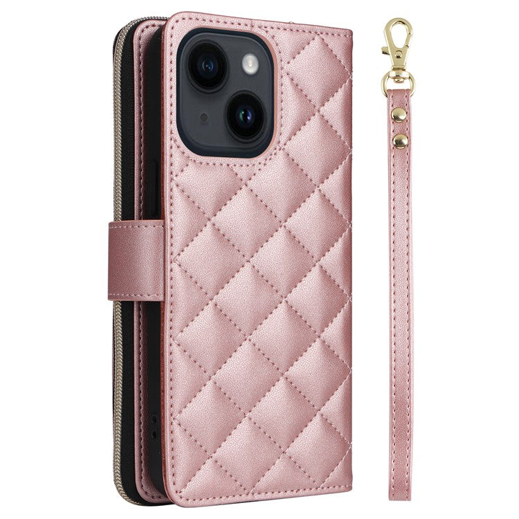 For-iPhone-14-/-13-Case-Rhombus-Zipper-Leather-Stand-Wallet-Phone-Cover-with-2-Straps---Rose-Gold