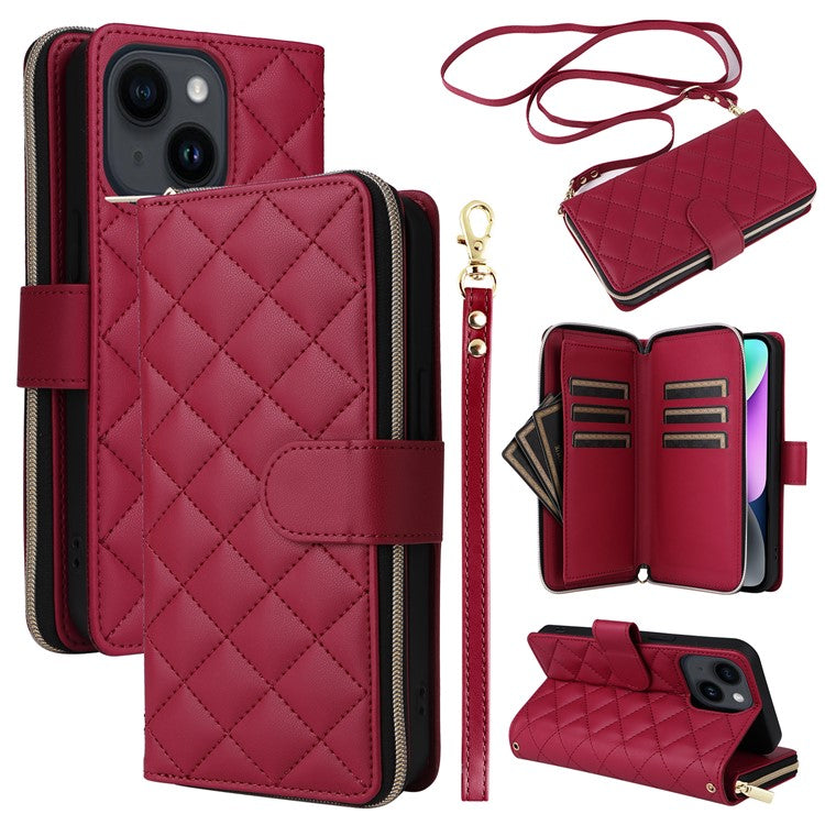 For-iPhone-14-/-13-Case-Rhombus-Zipper-Leather-Stand-Wallet-Phone-Cover-with-2-Straps---Wine-Red