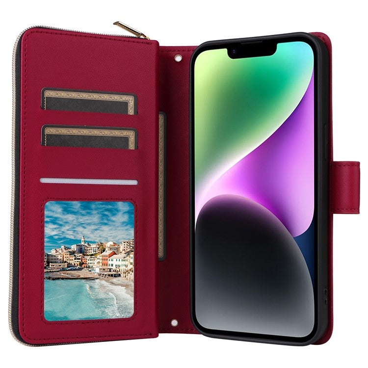 For-iPhone-14-/-13-Case-Rhombus-Zipper-Leather-Stand-Wallet-Phone-Cover-with-2-Straps---Wine-Red