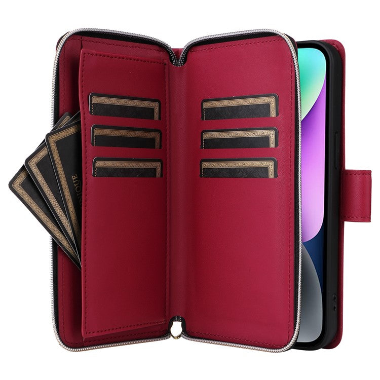 For-iPhone-14-/-13-Case-Rhombus-Zipper-Leather-Stand-Wallet-Phone-Cover-with-2-Straps---Wine-Red