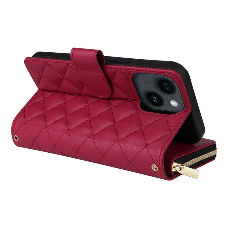 For-iPhone-14-/-13-Case-Rhombus-Zipper-Leather-Stand-Wallet-Phone-Cover-with-2-Straps---Wine-Red