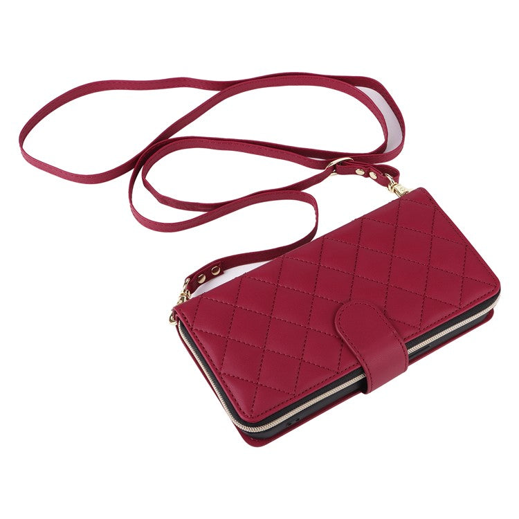 For-iPhone-14-/-13-Case-Rhombus-Zipper-Leather-Stand-Wallet-Phone-Cover-with-2-Straps---Wine-Red