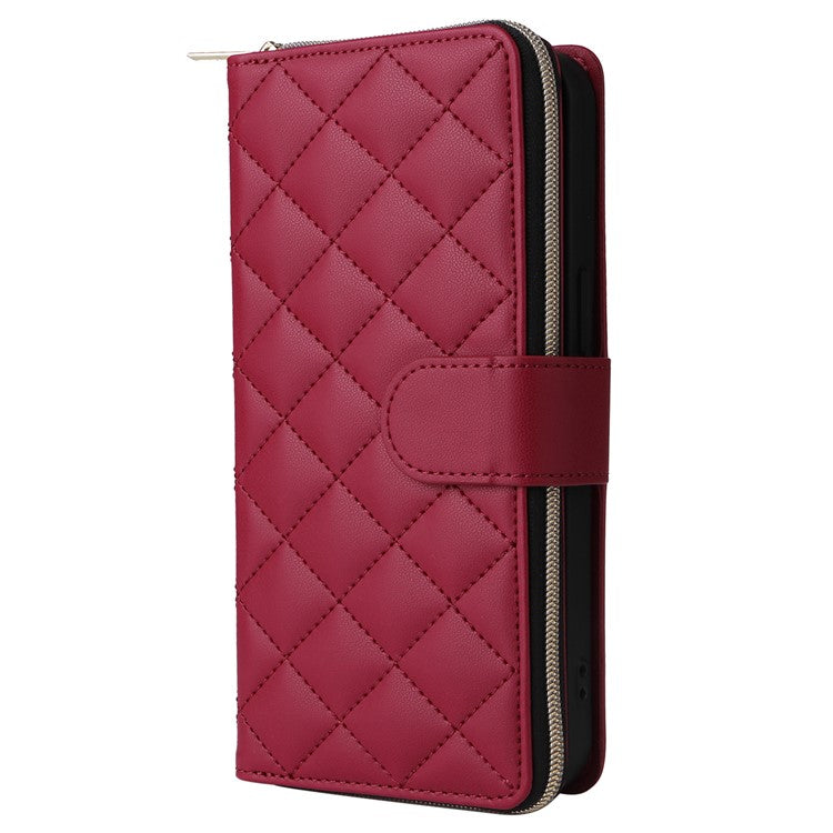 For-iPhone-14-/-13-Case-Rhombus-Zipper-Leather-Stand-Wallet-Phone-Cover-with-2-Straps---Wine-Red