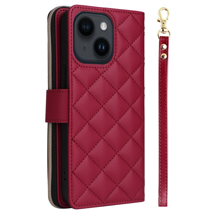 For-iPhone-14-/-13-Case-Rhombus-Zipper-Leather-Stand-Wallet-Phone-Cover-with-2-Straps---Wine-Red