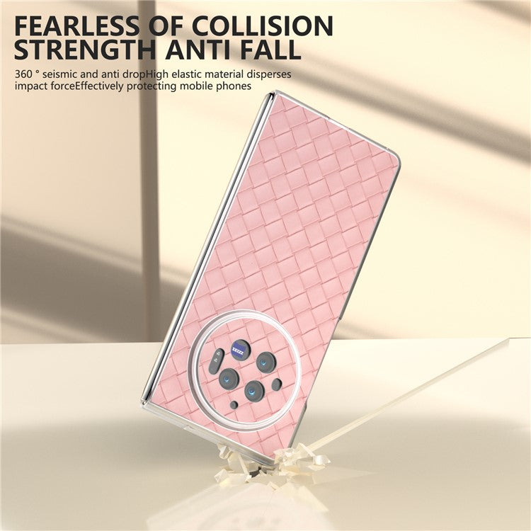 For vivo X Fold3 Case Woven Texture PU Leather Phone Cover with Transparent Matte Frame - Pink