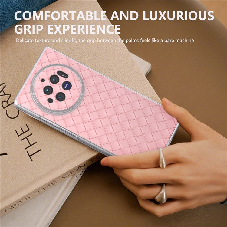 For vivo X Fold3 Case Woven Texture PU Leather Phone Cover with Transparent Matte Frame - Pink