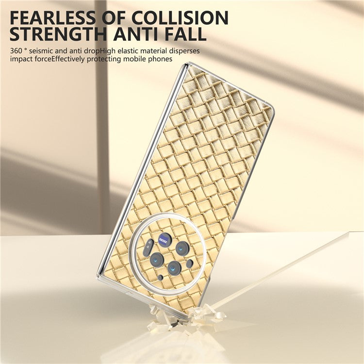 For vivo X Fold3 Case Woven Texture PU Leather Phone Cover with Transparent Matte Frame - Gold