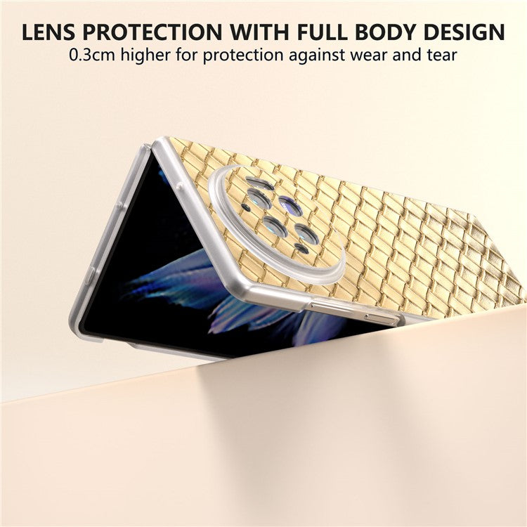 For vivo X Fold3 Case Woven Texture PU Leather Phone Cover with Transparent Matte Frame - Gold