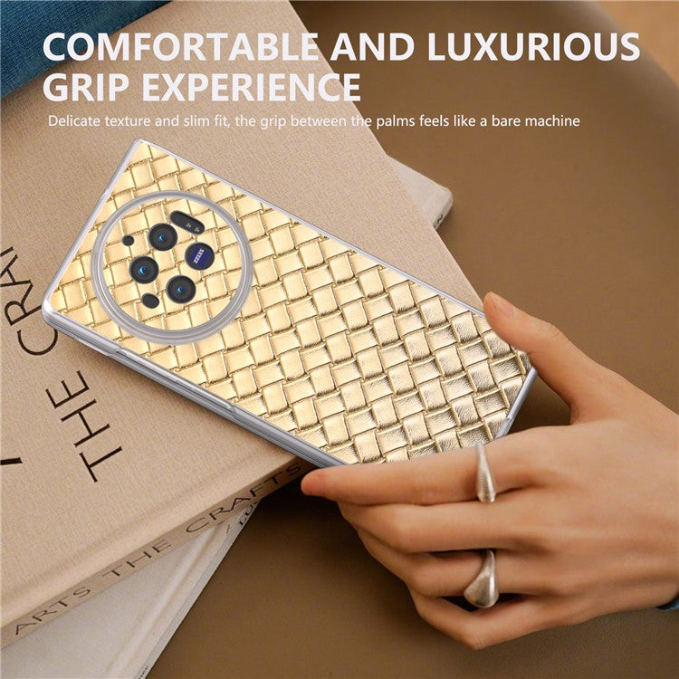 For vivo X Fold3 Case Woven Texture PU Leather Phone Cover with Transparent Matte Frame - Gold