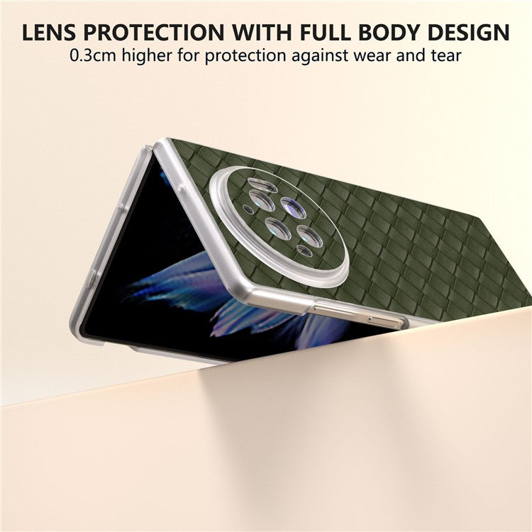 For vivo X Fold3 Case Woven Texture PU Leather Phone Cover with Transparent Matte Frame - Green