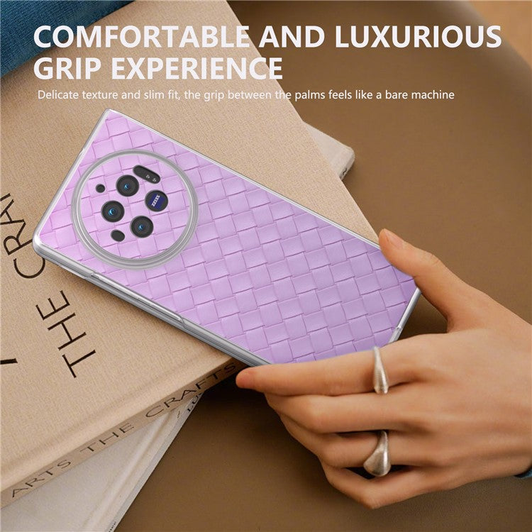 For vivo X Fold3 Case Woven Texture PU Leather Phone Cover with Transparent Matte Frame - Purple