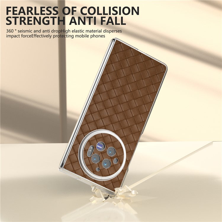 For vivo X Fold3 Case Woven Texture PU Leather Phone Cover with Transparent Matte Frame - Brown