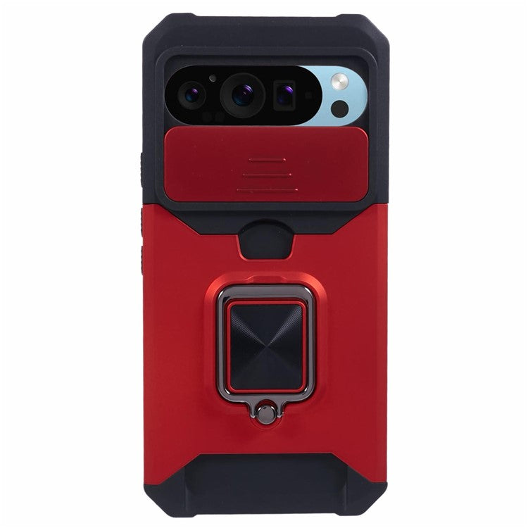 For Google Pixel 9 Pro XL Kickstand Case Slide Lens Lid PC+TPU Phone Cover with Card Holder - Red