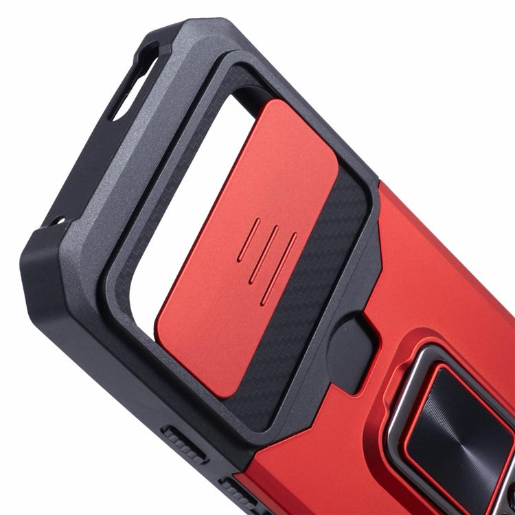 For Google Pixel 9 Pro XL Kickstand Case Slide Lens Lid PC+TPU Phone Cover with Card Holder - Red