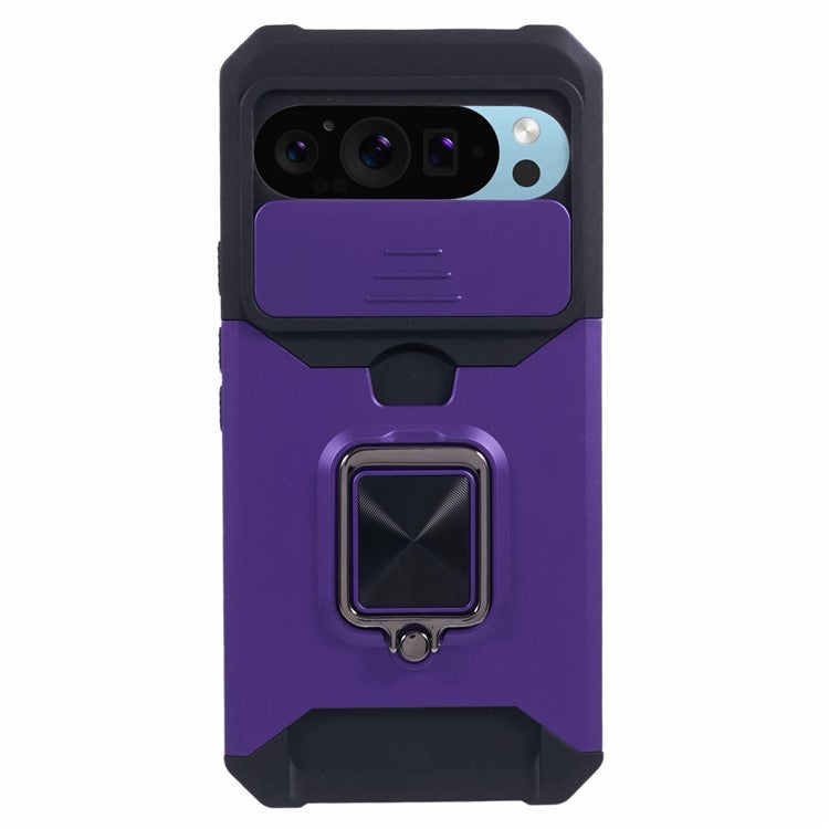 For Google Pixel 9 Pro XL Kickstand Case Slide Lens Lid PC+TPU Phone Cover with Card Holder - Purple