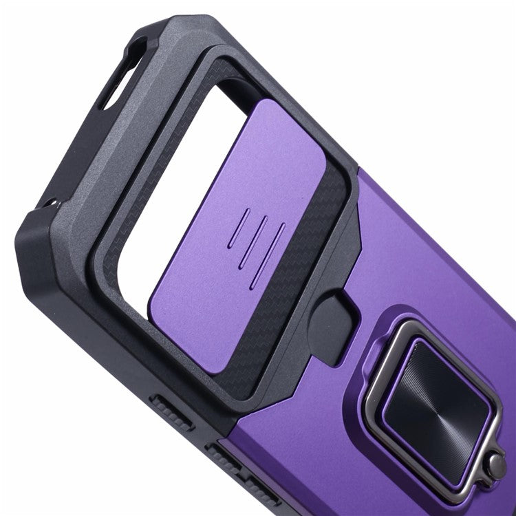 For Google Pixel 9 Pro XL Kickstand Case Slide Lens Lid PC+TPU Phone Cover with Card Holder - Purple