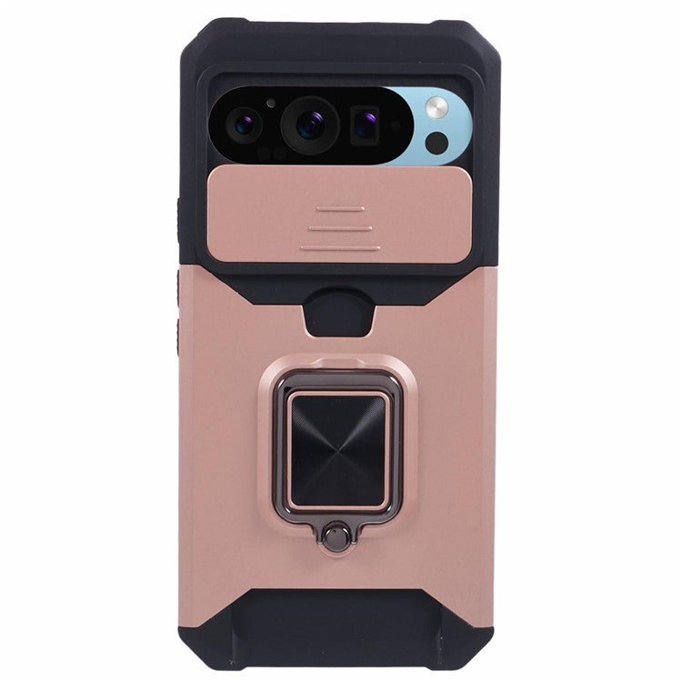 For Google Pixel 9 Pro XL Kickstand Case Slide Lens Lid PC+TPU Phone Cover with Card Holder - Rose Gold