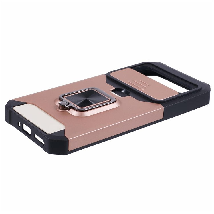 For Google Pixel 9 Pro XL Kickstand Case Slide Lens Lid PC+TPU Phone Cover with Card Holder - Rose Gold