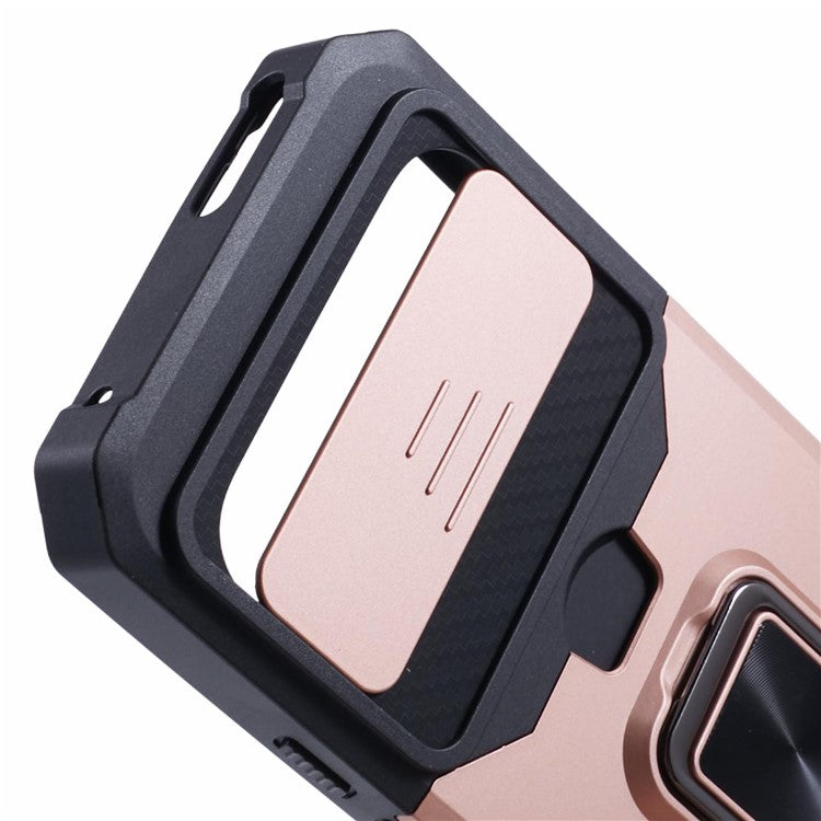 For Google Pixel 9 Pro XL Kickstand Case Slide Lens Lid PC+TPU Phone Cover with Card Holder - Rose Gold